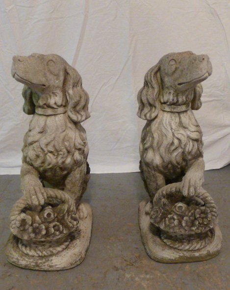 PAIR OF FIGURAL DOGS WITH BASKETS OUTDOOR CEMENT (1 of 8)