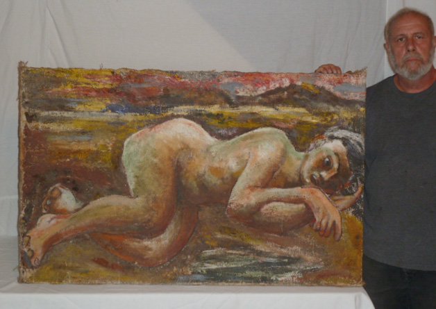 CHAIM SOUTINE ATTRIBUTED PAINTING RECLINING NUDE: SHOWING A CHAIM SOUTINE ATTRIBUTED PAINTING OF A RECLINING NUDE . OIL ON BURLAP . SIGNATURE PARTLY ILLEGIBLE . PERIOD BEFORE 1920 , STELLAR PROVENANCE REACHING BACK 60 YEARS . BURLAP RESTRETCHED CIRCA