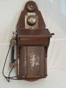 DANISH ANTIQUE WALL CRANK PHONE JYDSK: SHOWING A 1920'S JYDSK TELEFON AKTIESELSKAB, DANISH OR SWEDISH WALL CRANK PHONE . MEASURES 27" BY 14" WIDE AND 9 1/2" DEEP. AS FOUND ESTATE CONDITION.PLEASE USE PHOTOS AS PART OF THE DESCRIPTION. THE