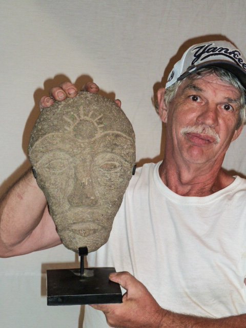 CARVED STONE "FACE" SCULPTURE - FITTED IRON STAND (1 of 4)