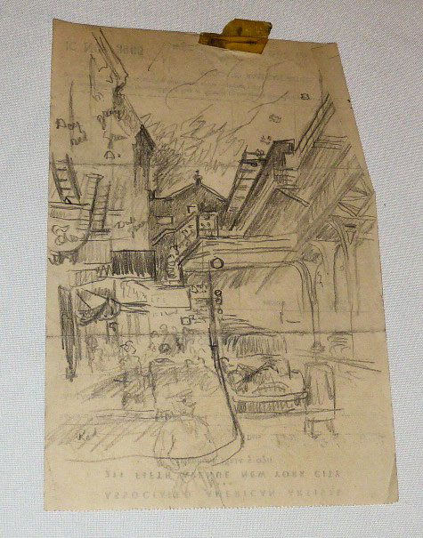 ERNEST FIENE ARTIST SKETCH BOOK ASSORTED DRAWINGS: SHOWING A ERNEST FIENE ARTIST SKETCH BOOK WITH ASSORTED DRAWINGS AND A DRAWING DONE ON THE BACK OF A RECEIPT FROM HIS WORKS. AS FOUND ESTATE CONDITION.PLEASE USE PHOTOS AS PART OF THE DESCRIPTION. THE
