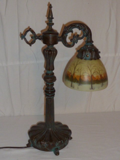 BRONZE PATINA TABLE LAMP REVERSE PAINTED SHADE (1 of 4)