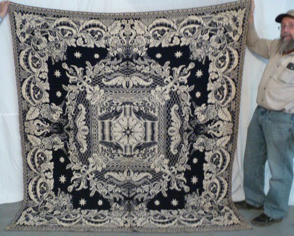 CIRCA 1830'S SUMMER WINTER COVERLET: SHOWING A CIRCA 1830'S SUMMER WINTER COVERLET , BIRDS , HOUSES AND HARPS . MEASURES 91" BY 83" .AS FOUND ESTATE CONDITION.PLEASE USE PHOTOS AS PART OF THE DESCRIPTION. THE ABSENCE OF A CONDITION REPOR