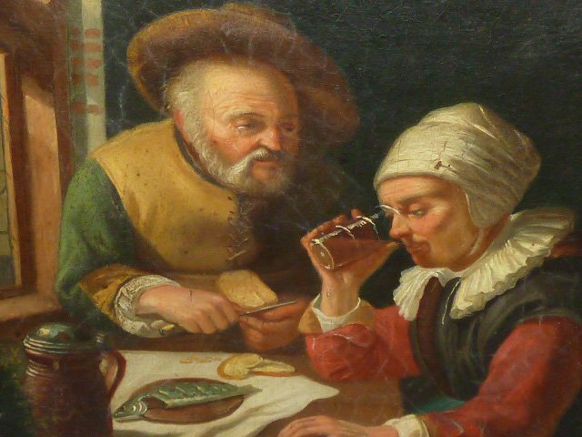 19TH C. COPY OF OLD MASTER ,FRANZ VAN MIERIS: SHOWING A 19TH CENTURY COPY OF OLD MASTER.AFTER FRANZ VAN MIERIS. HOUSE INTERIOR,PEOPLE SITTING AT TABLE EATING AND DRINKING." IMAGE MEASURES 13 1/2" BY 16 1/2". FRAME MEASURES 14 1/2" BY 16 1/2". AS 