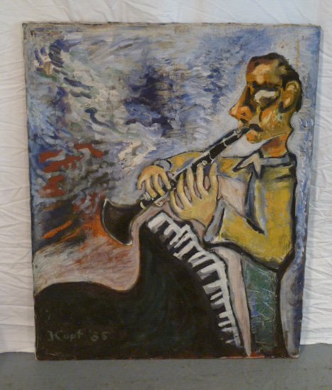 OIL ON CANVAS CLARINETTE PLAYER SIGNED KUPF 85: SHOWING A OIL ON CANVAS PAINTING OF A CLARINETTE PLAYER SIGNED KUPF 85 ( MEYER KUPFERMAN), POSSIBLY A SELF PORTRAIT . MEYER KUPFERMAN WAS A WORLD RENOWNED JAZZ MUSICIAN , COMPOSER AND CONDUCTOR BUT UN