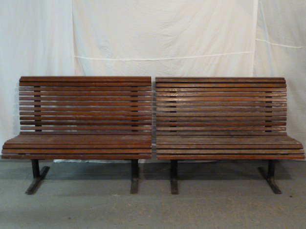 PR OAK & METAL SLATTED BENCHES STAMPED FALCON (1 of 5)