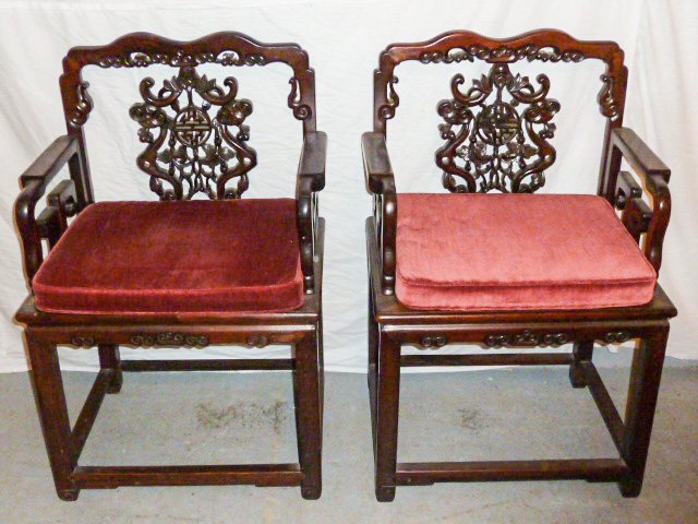 PR OF CHINESE ROSEWOOD ARM CHAIRS ORNATE CARVINGS (1 of 10)