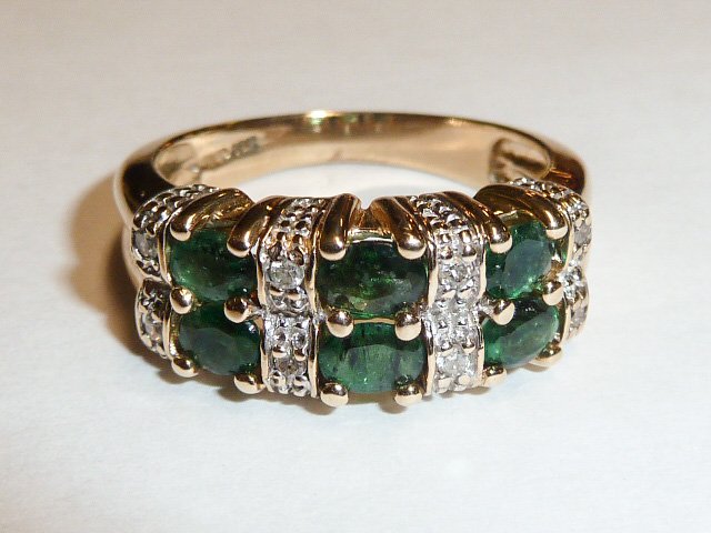 14KT RING 2 ROWS ALTERNATING EMERALDS & DIAMONDS (1 of 4)