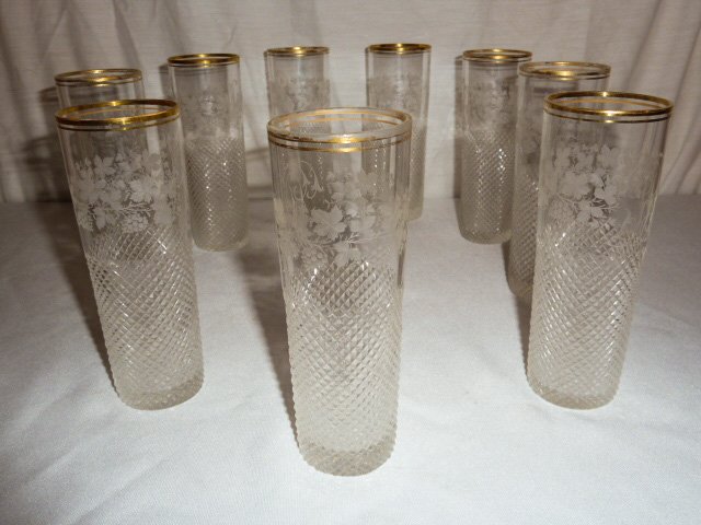 10 CUT GLASS TUMBLERS GOLD RIM DECORATION ETCHED (1 of 5)