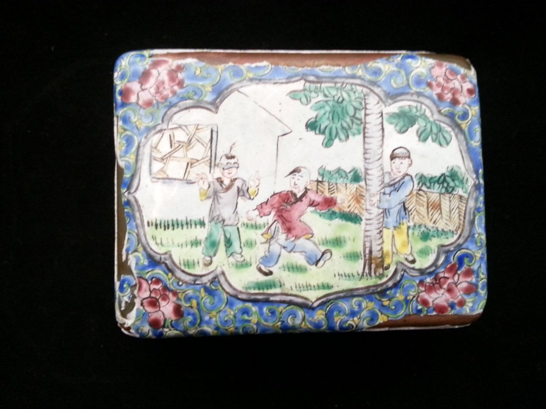 Canton enamel box: Chinese canton enamel box with scenes of boys at play and flowers. 4 x 4 x 2" HT