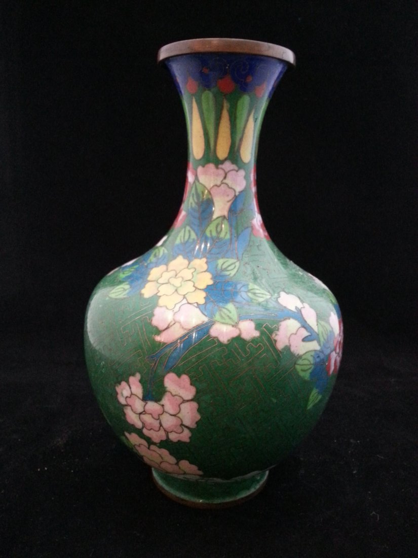 Chinese peony cloisonne vase: Chinese cloisonne vase with design of peonies on green enamel background.9"HT