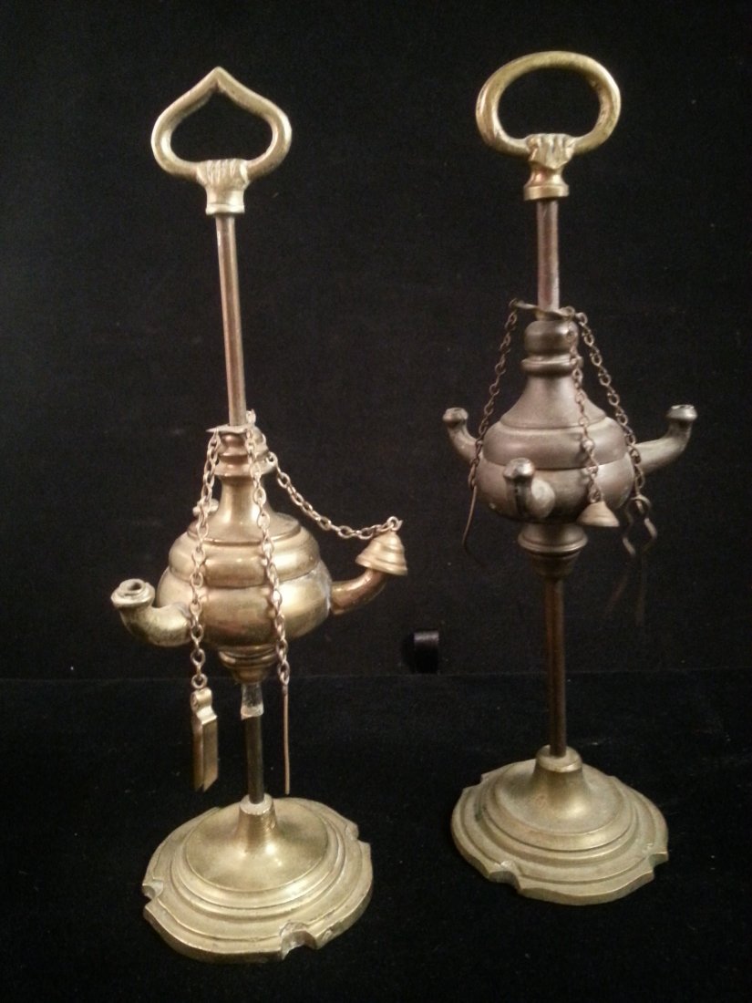 Arabic Oil Lamps: 20th c. Middle eastern miniature oil lamps with tools attached on chains. C.1920s/30s.