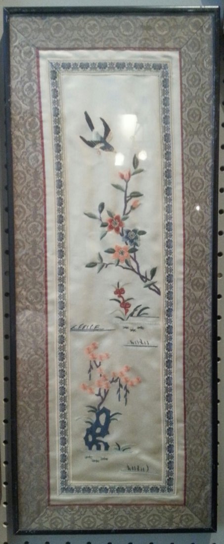 Pair Embroidered silk panels: Pair of 20th c. Chinese hand-embroidered silks in frames.23 1/2 X 9 1/2"