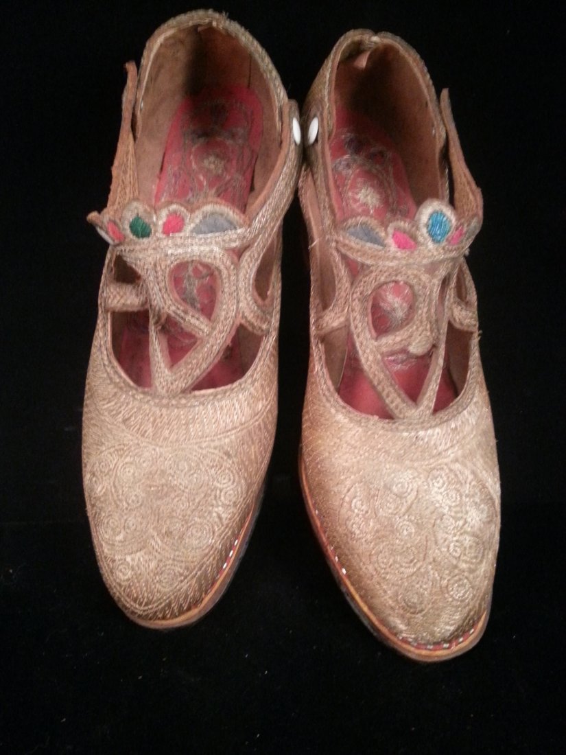 Silk shoes #1: Pair of early 20th c. hand-made lady's leather shoes with gold, blue, red, green, and lavender silk thread embroidery from Turkey.