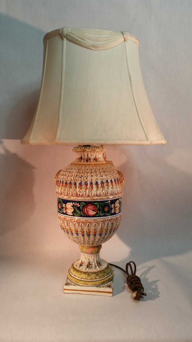 Italian faience lamp: Antique Italian faience urn mounted as a lamp.16" HT