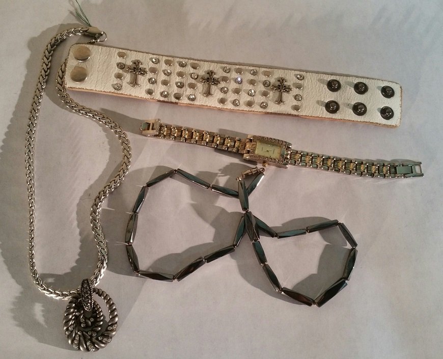 4 piece lot Jewelry/hematite: lot of costume jewelryLeather studded braceletwatchsilver necklaceHematite necklace