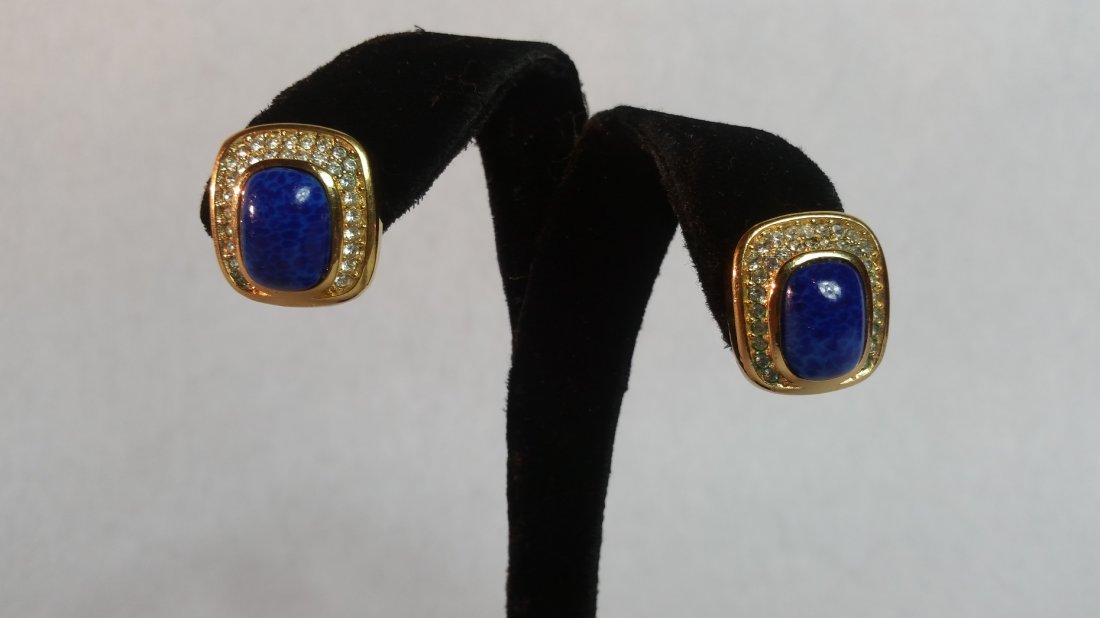 Vintage Christian dior earrings: Pair of vintage Christian dior earrings signed.Clips, supurb quality, heavy, blue stone to look as lapis and swarski crystal stones1"
