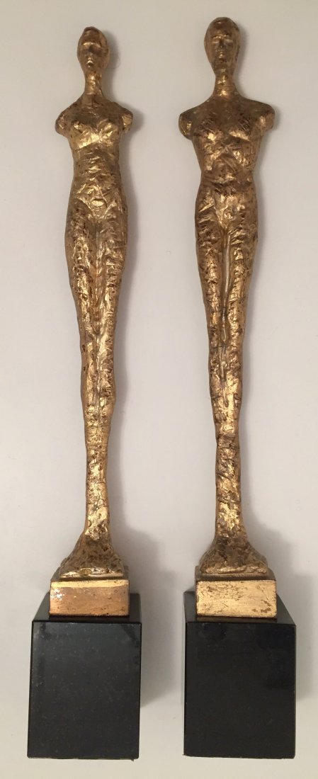 Pair of Giacometti Style Gilt Bronze Male & Female, 21" (1 of 5)
