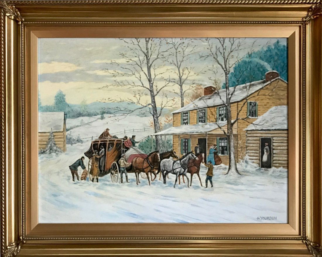 Winter Stagecoach Landscape Painting, H. Yourdon (1 of 5)