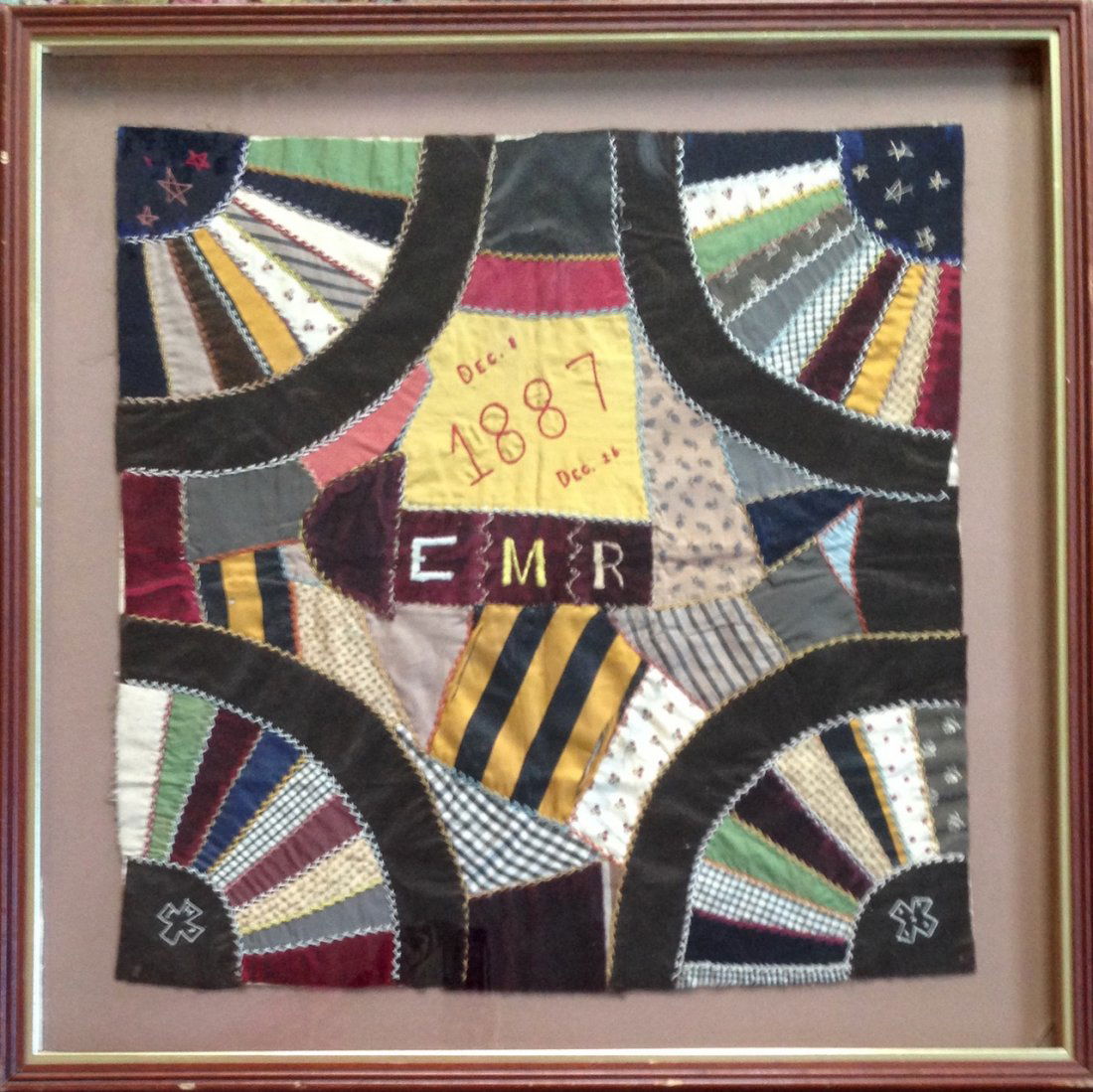 Silk & Velvet 19th C. Handmade Crazy Quilt, Signed (1 of 2)