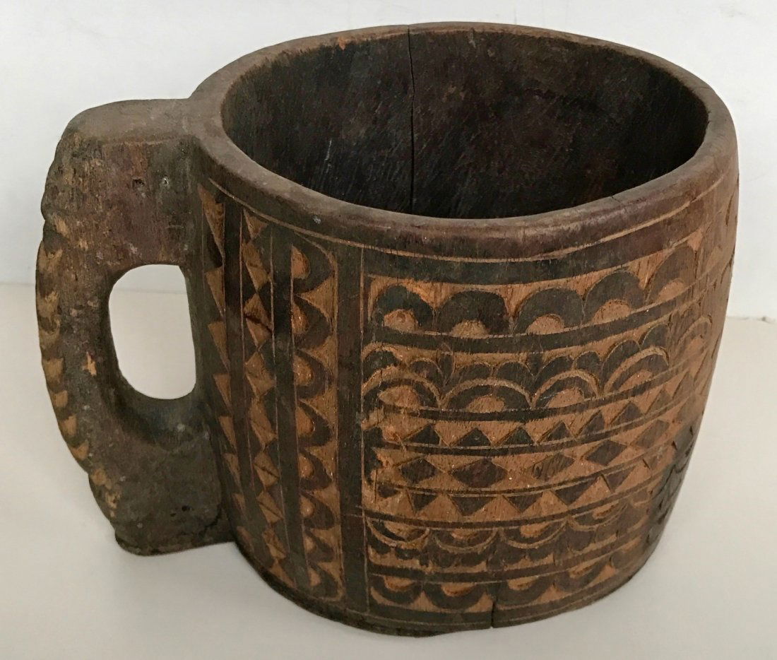 Carved Wood Vessel With Handle: 8.75" x 6.75" (1 of 5)