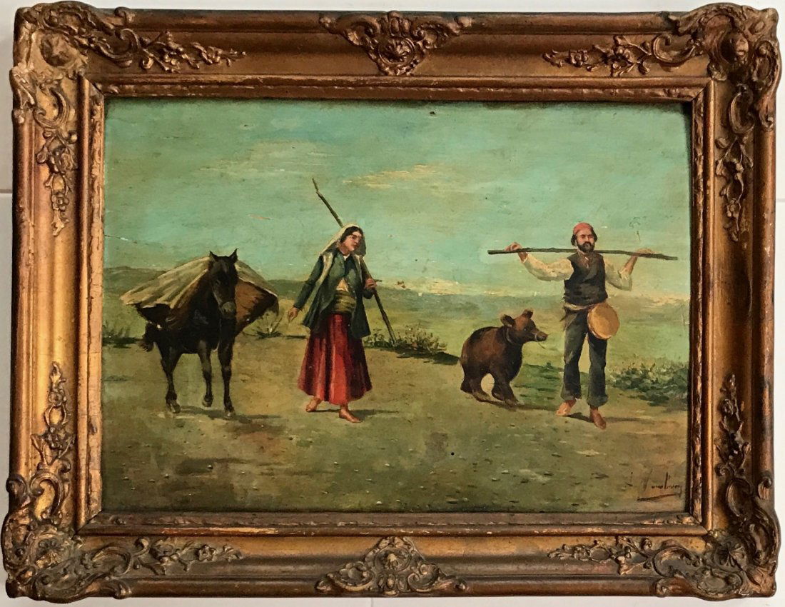 19th C. European Painting, Gypsy Bear Trainer, Signed (1 of 4)