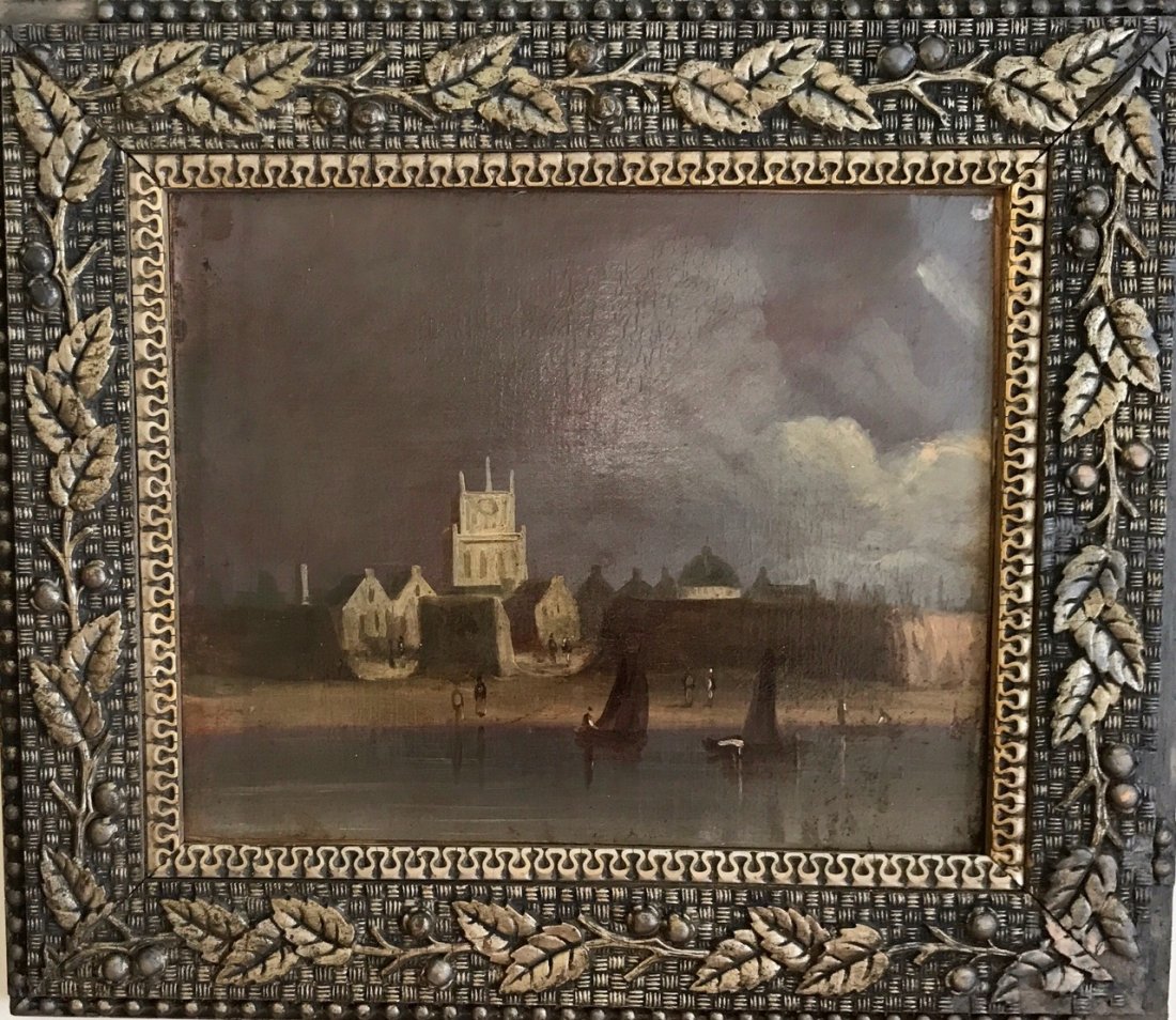 Continental School (19th Century) Oil Painting: A European Harbor scene with figures, boats and buildings at dusk. Circa 1880. Oil on canvas laid down on board. Dimension: frame: 17.6" x 15"; canvas: 12" x 9.75". Condition: age appropriate, no repa