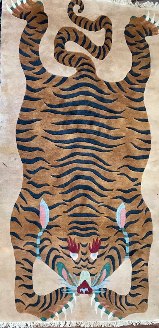 Tibetan Rug -Sprawled Tiger, 7' 6" x 3' 10" (1 of 4)