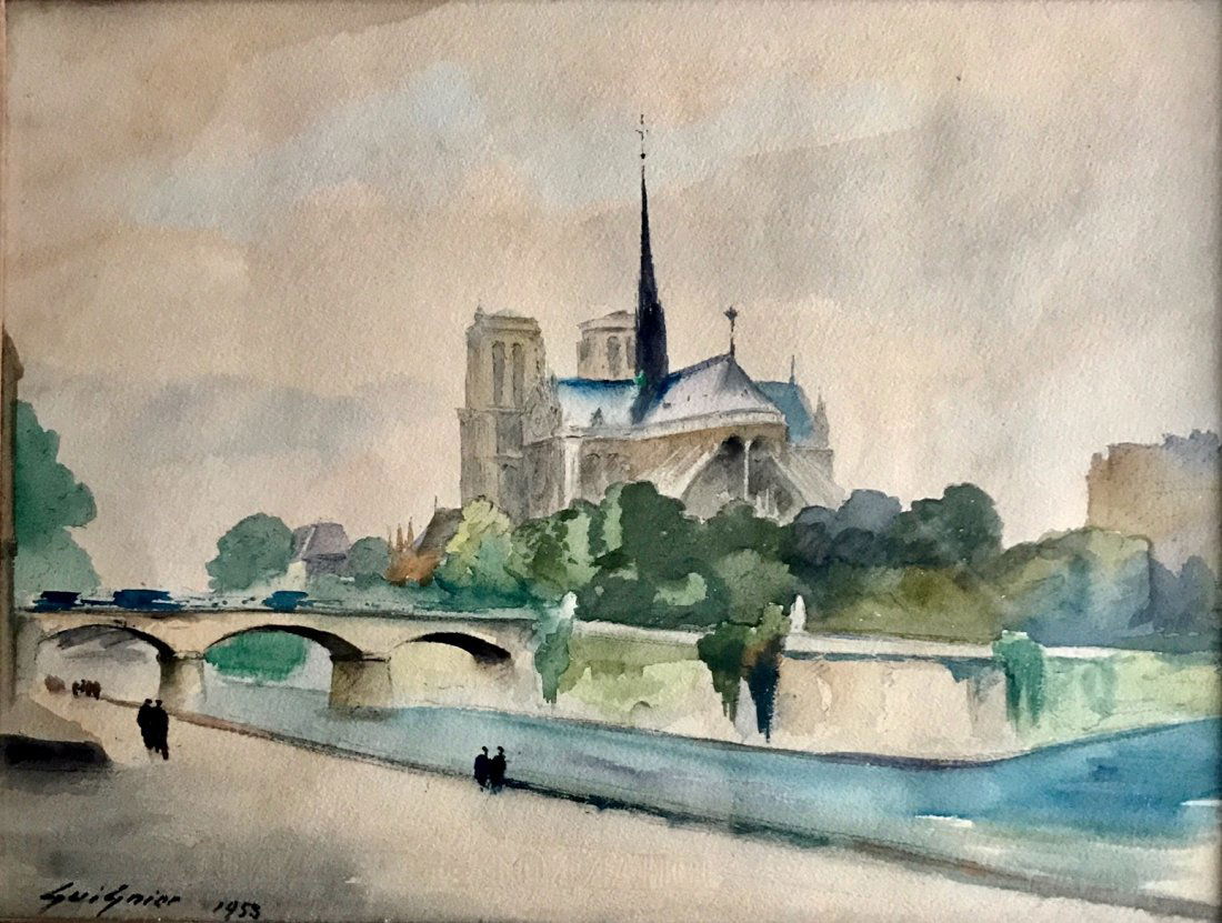 Fernand Guignier Watercolor, Along The Seine,Paris 1953 (1 of 3)