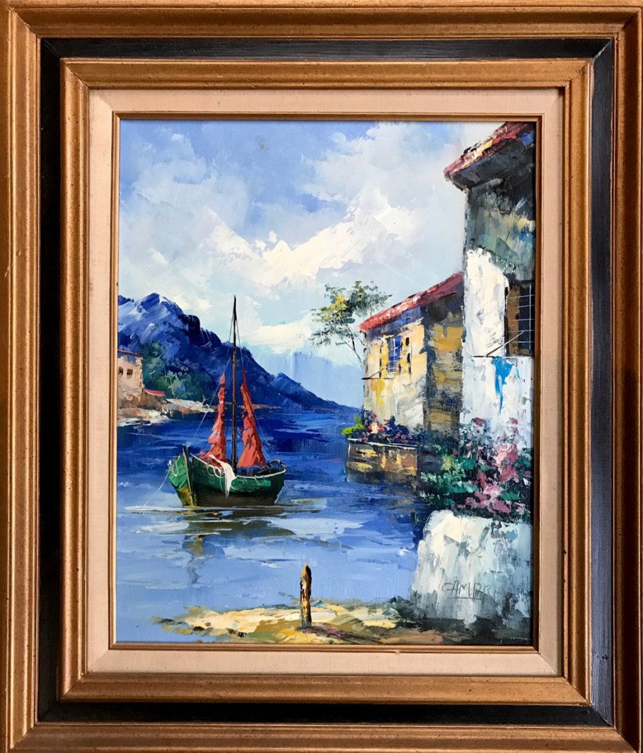 Mediterranean Seascape Harbor Painting,Giovanni Camprio (1 of 3)