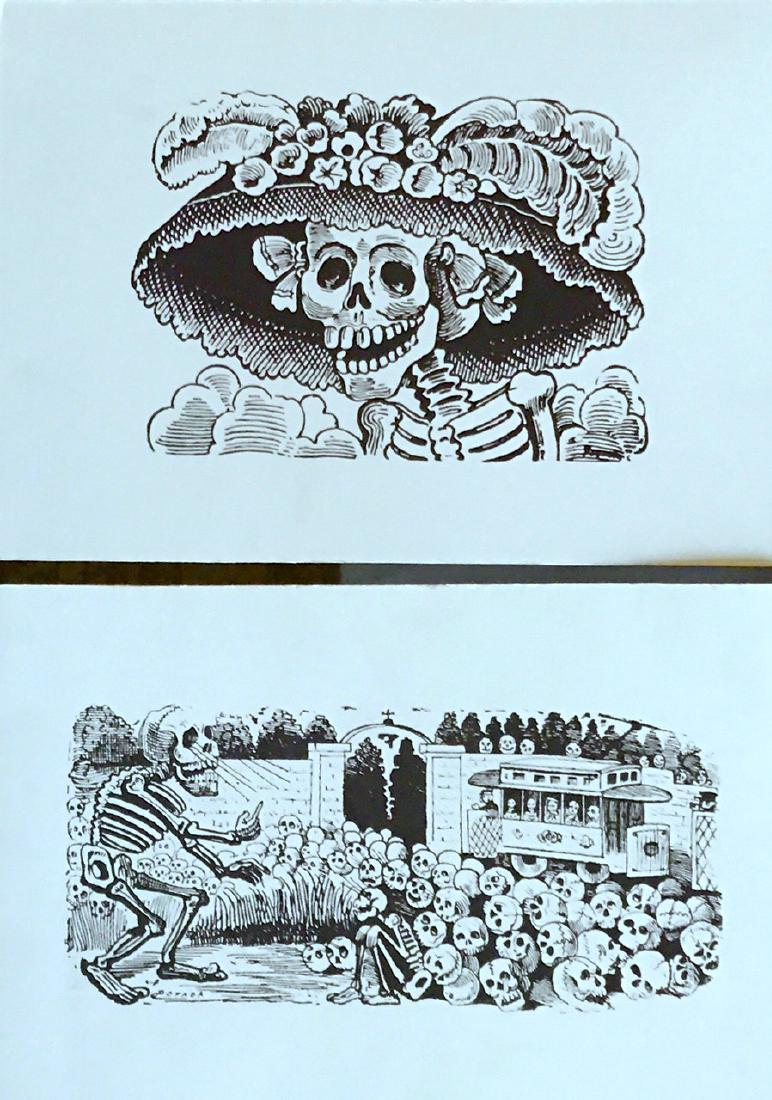 Jose Guadalupe Posada, La Catrina & Calavera Electrica: Posada, Jose Guadalupe (Mexican, b.1852-1913). Dia de Los Muertos, The Day of the Dead. Two engravings / metal cuts. Title: La Catrina. Title: Gran Calavera Electrica (signed in plate, Posada). Dimens