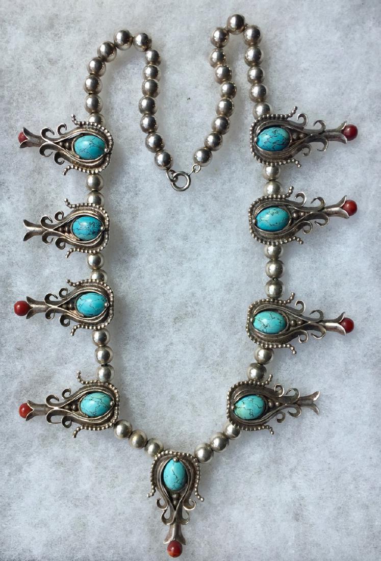 Zuni Sterling,Turquoise & Coral Squash Blossom Necklace (1 of 6)