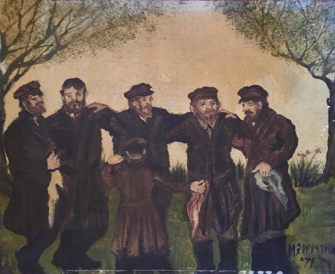 Judaica Painting, Chassid Celebrating , M. Westman 1971: Oil painting of Chassid's dancing in a forest landscape signed & dated by the artist: Max Westman 1971. Max Westman (American/Polish, 20th century). Oil on artist board. Dimension: artist board: 20" x