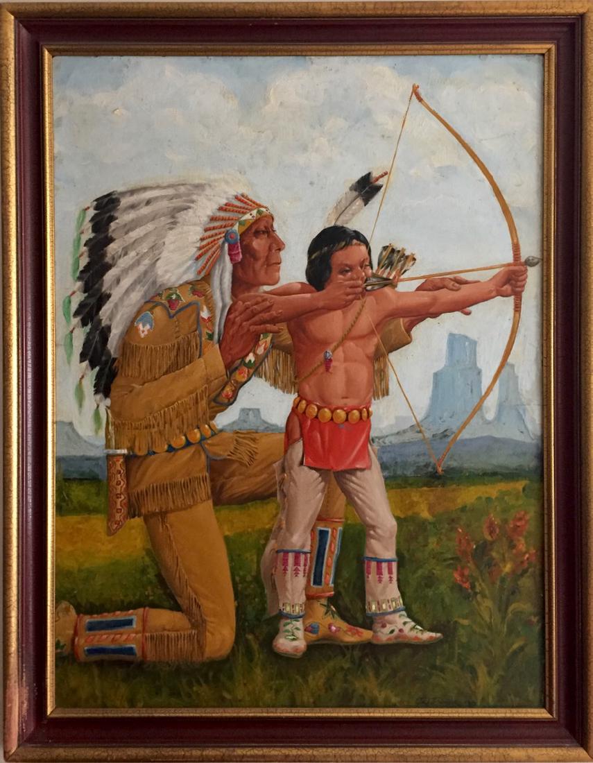 Native American Indian Oil Painting, J. Fisher 1939 (1 of 6)