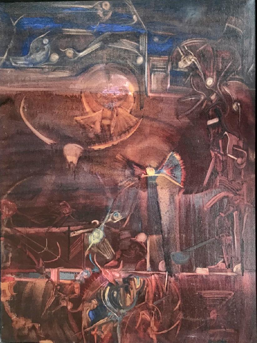 Surrealist Oil Painting, A Hunter's Vision, Signed: Surrealist oil painting of a hunter's den of equipment, weapons and animal skulls, signed by the artist. Hunter's dream room with horse saddle & tackle, animal bones, tomahawk, skulls, weapons etc. Di