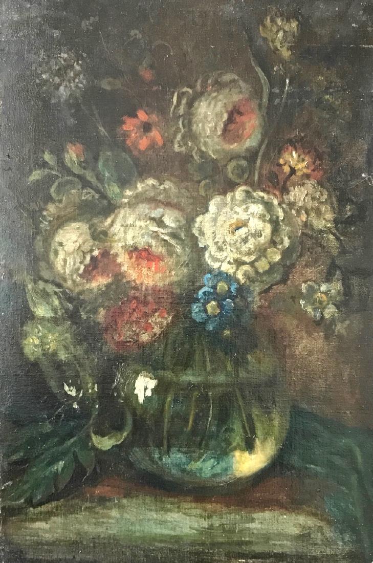 Continental School Floral Still Life, 19th Century: 19th Century still life oil painting. Overflowing vase of Chrysanthemums. Oil on canvas. Dimension: canvas: 24" x 16"; unframed. Condition: good estate condition, no repairs or flaking. Provenance: Ne