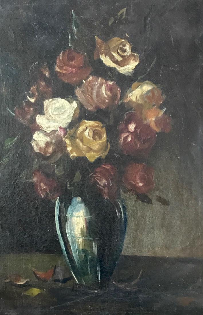 Continental School, 19th Century, Still Life Painting: 19th Century still life oil painting. Vase with bouquet of Roses. Oil on canvas. Dimension: canvas: 24"x 16"; unframed. Condition: very good estate condition, no repairs or flaking. Provenance: New Ha