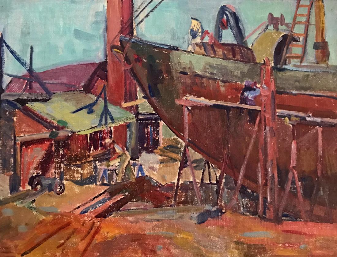Gloucester Shipyard Painting, Harriette Landon, 1950's (1 of 4)