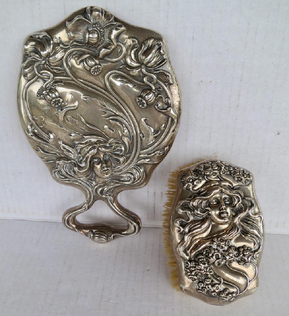 Art Nouveau Sterling Silver Hand Mirror & Brush (1 of 6)