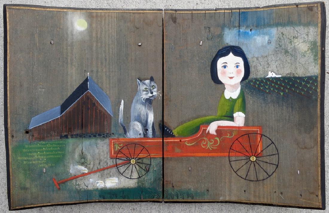 American Folk Art Farm Painting on Wood Panel, Fisher (1 of 7)