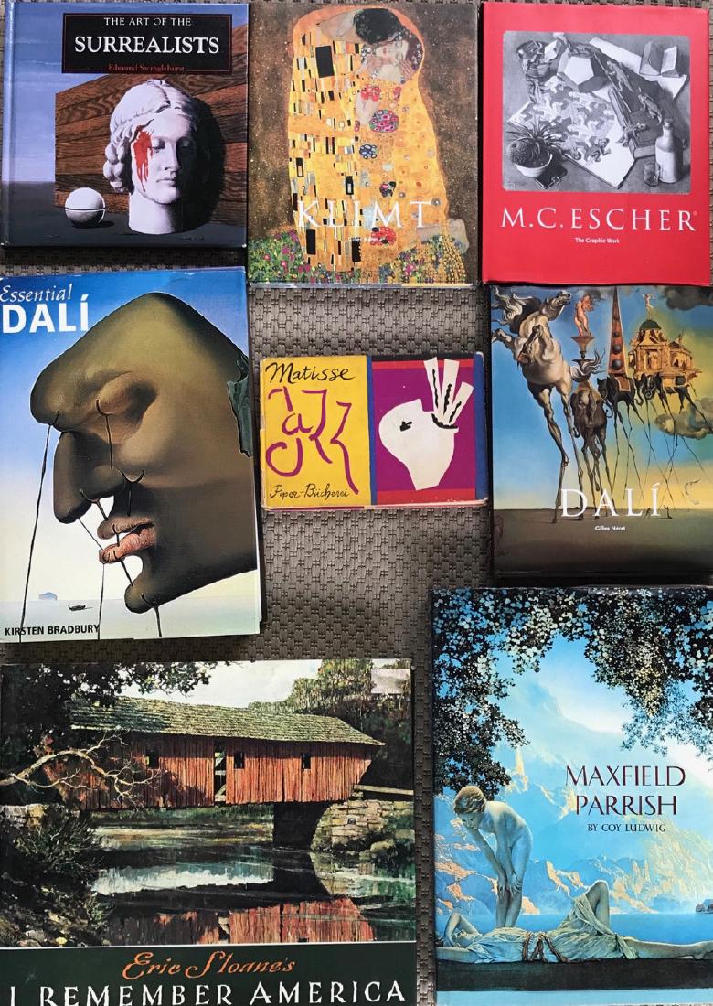 Art Books: Dali, Matisse, Escher, Parrish, Klimt, Etc.: Collection of eight illustrated art books. Matisse "Jazz"; Maxfield Parrish; Essential Dali; M.C. Escher; Eric Sloane "I Remember America"; Art of the Surrealists/ Klimt. Condition: good estate condit