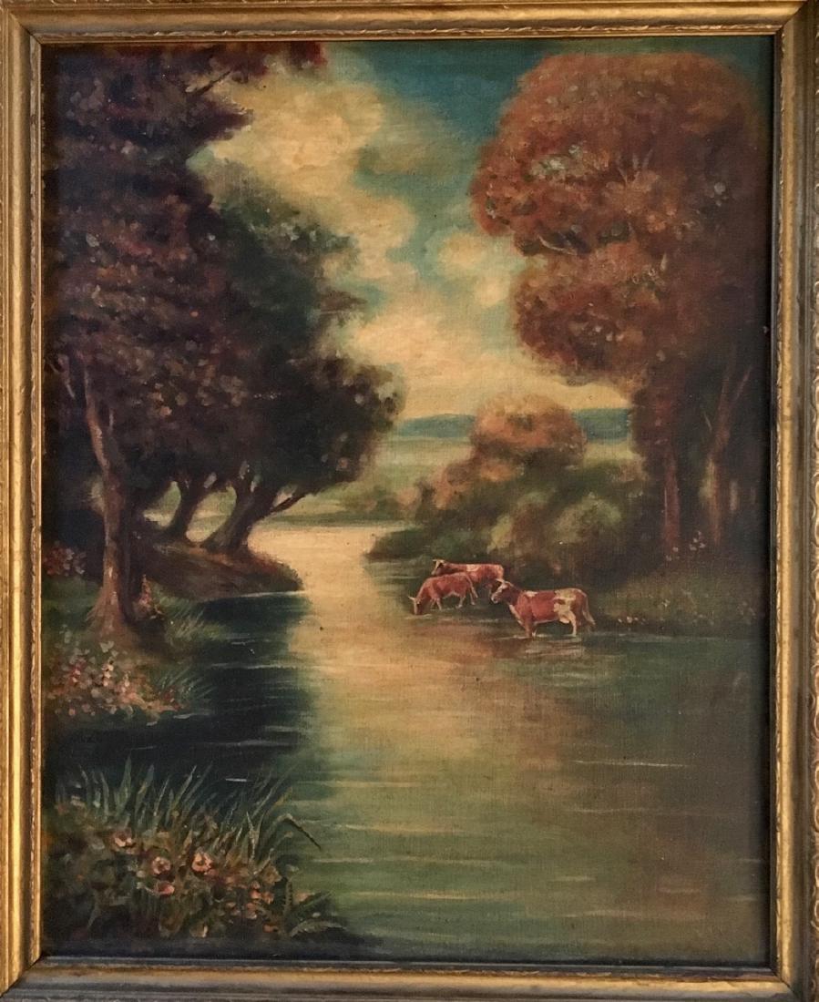 19th C. American River Landscape Painting With Cows (1 of 4)