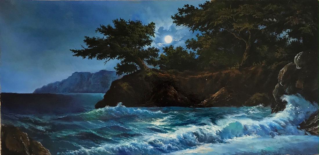 Russian Moonlight Seascape Painting On Board, Signed (1 of 2)