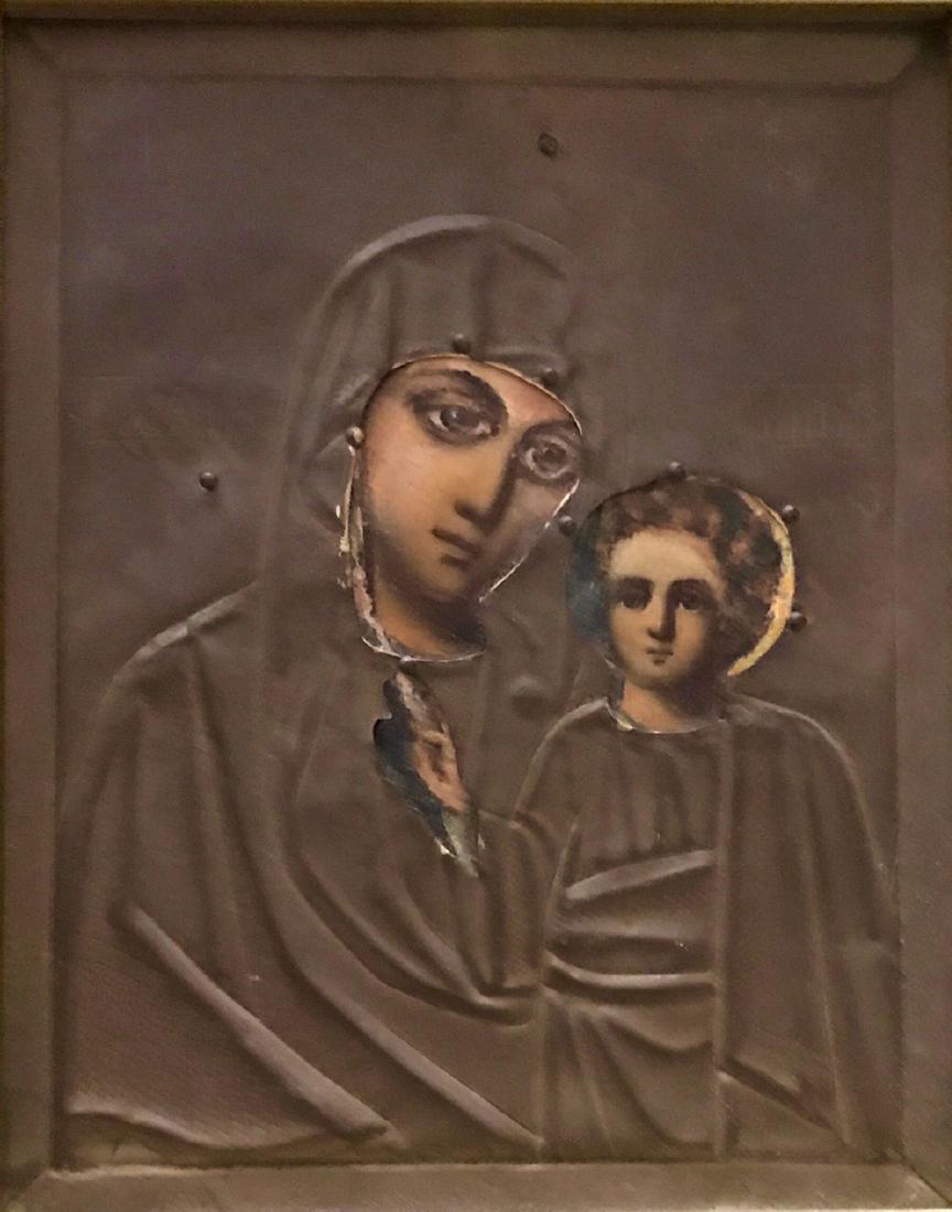 19th Century Russian Icon, Our Lady Of Kazan: Russian Icon "Our Lady of Kazan". Tempera on wood with repousse brass oklad. Dimension: frame: 6.75" x 8.25"; Icon: 6.25" x 7.75". Condition: good estate condition, no repairs noted, age appropriate. 