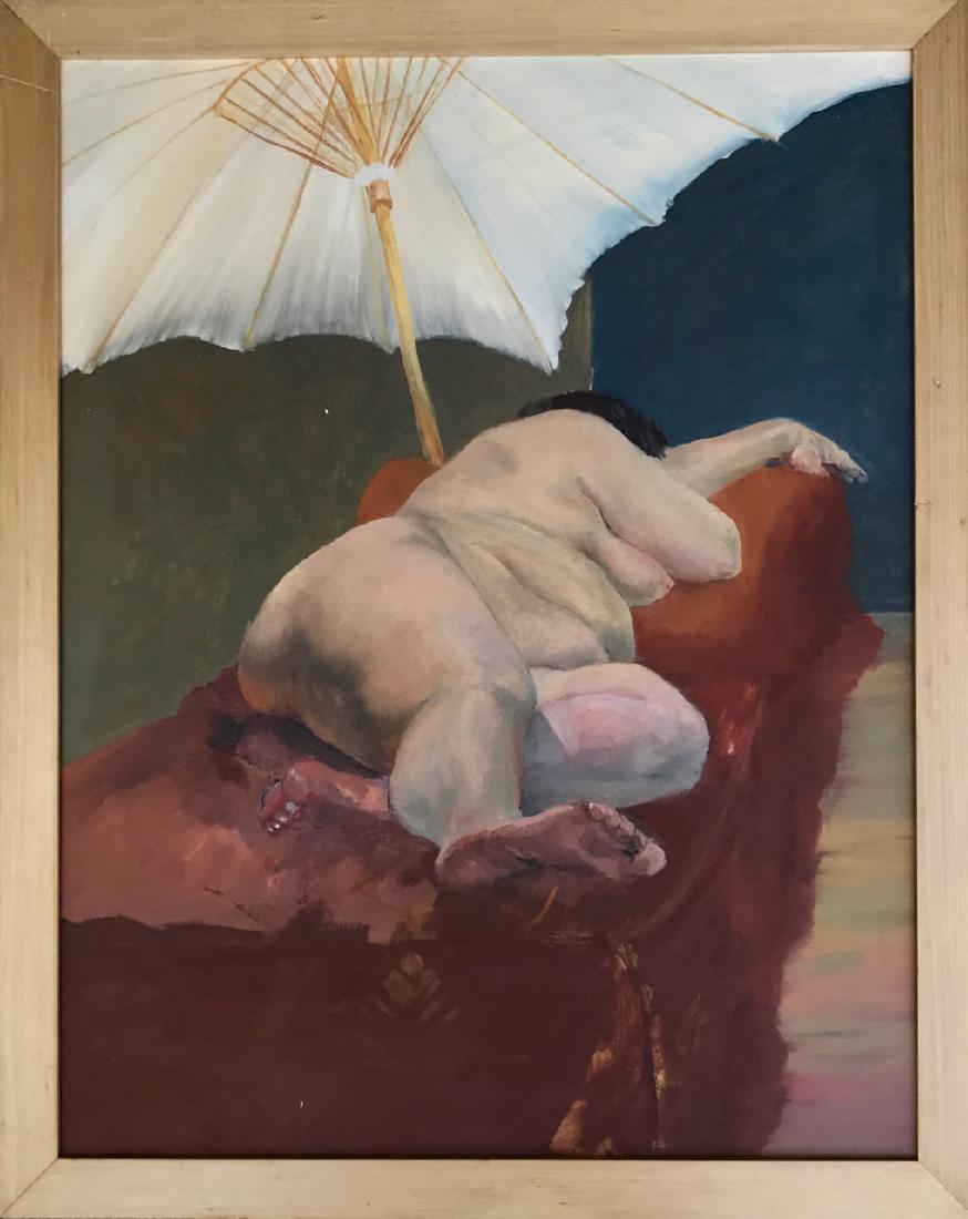 American School Painting, Reclining Nude Under Umbrella: Framed oil painting of a voluptuous reclining nude woman under umbrella. Oil on canvas. Dimension: frame: 30.75"x 24.50"; canvas: 28"x 22". Unsigned. Condition: good estate condition. Provenance: Gree