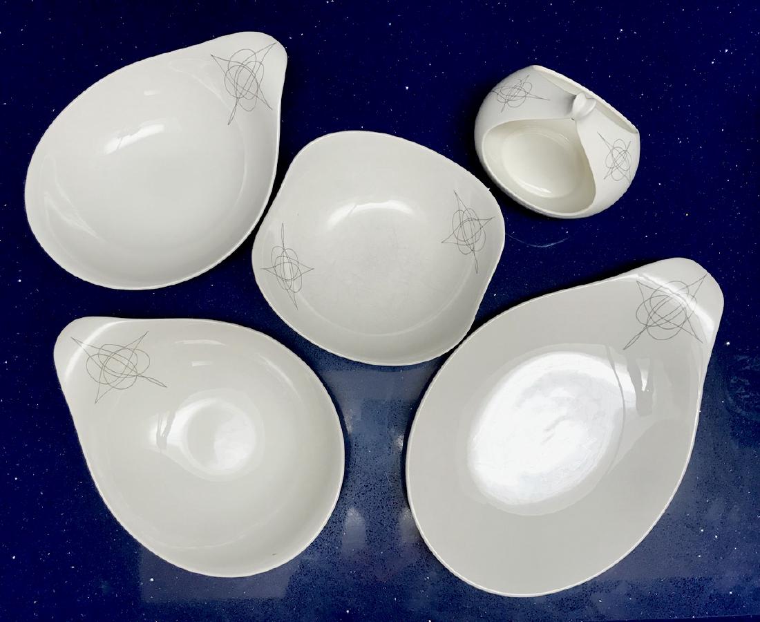 Eva Zeisel Dishes For Hallcraft, Atomic Fantasy (5): Eva Zeisel (Hungarian/American 1902-2011). Mid century "Atomic Fantasy" Hallcraft dishes designed by Eva Zeisel. Two Fantasy platter, gravy boat / large serving bowl / vegetable bowl. Marked: HALLCRAF