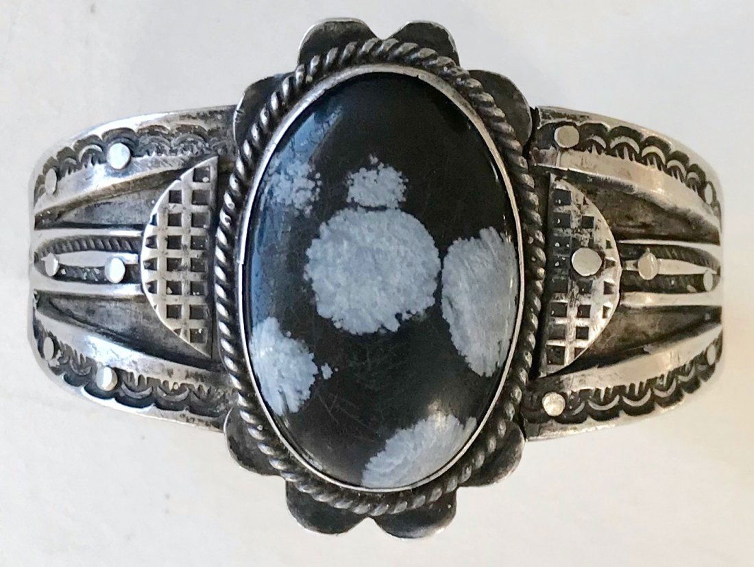 Navajo White Buffalo Stone Silver Cuff Bracelet, 1950's (1 of 5)
