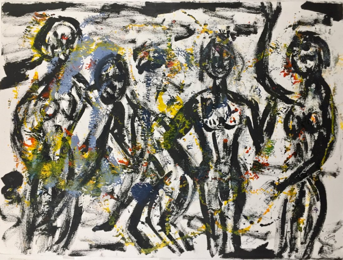 Abstract Figural Painting, Signed & Dated: Deaccession art from the Detroit Institute of Art. Standing abstract nude figures, signed & dated 97 by the artist (view photo). Gouache on wove paper. Dimension: 22.60" x 30". Condition: good origina