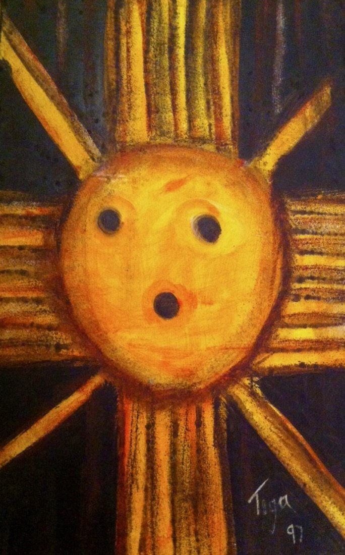 Jean-Claude Garoute "TIGA" Abstract Painting: Haitian master painter, Jean-Claude Garoute (Tiga, Haitian 1935-2006). Abstract painting on masonite signed and dated by the artist, TIGA 1997 (view photo). Acrylic on masonite. Dimension: 15.60" x 10