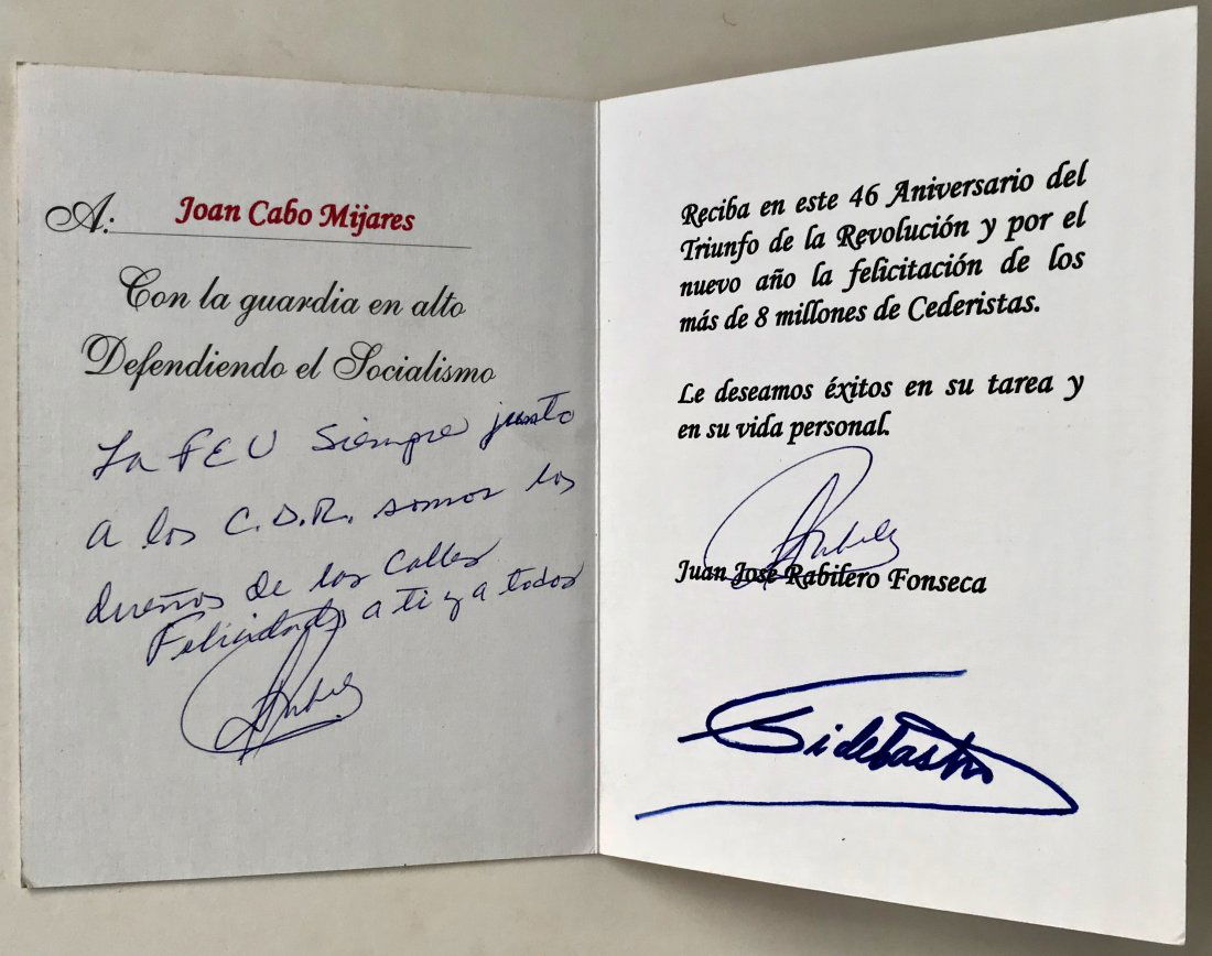 CDR Card Hand-Signed by Fidel Castro & Juan Fonseca (1 of 4)